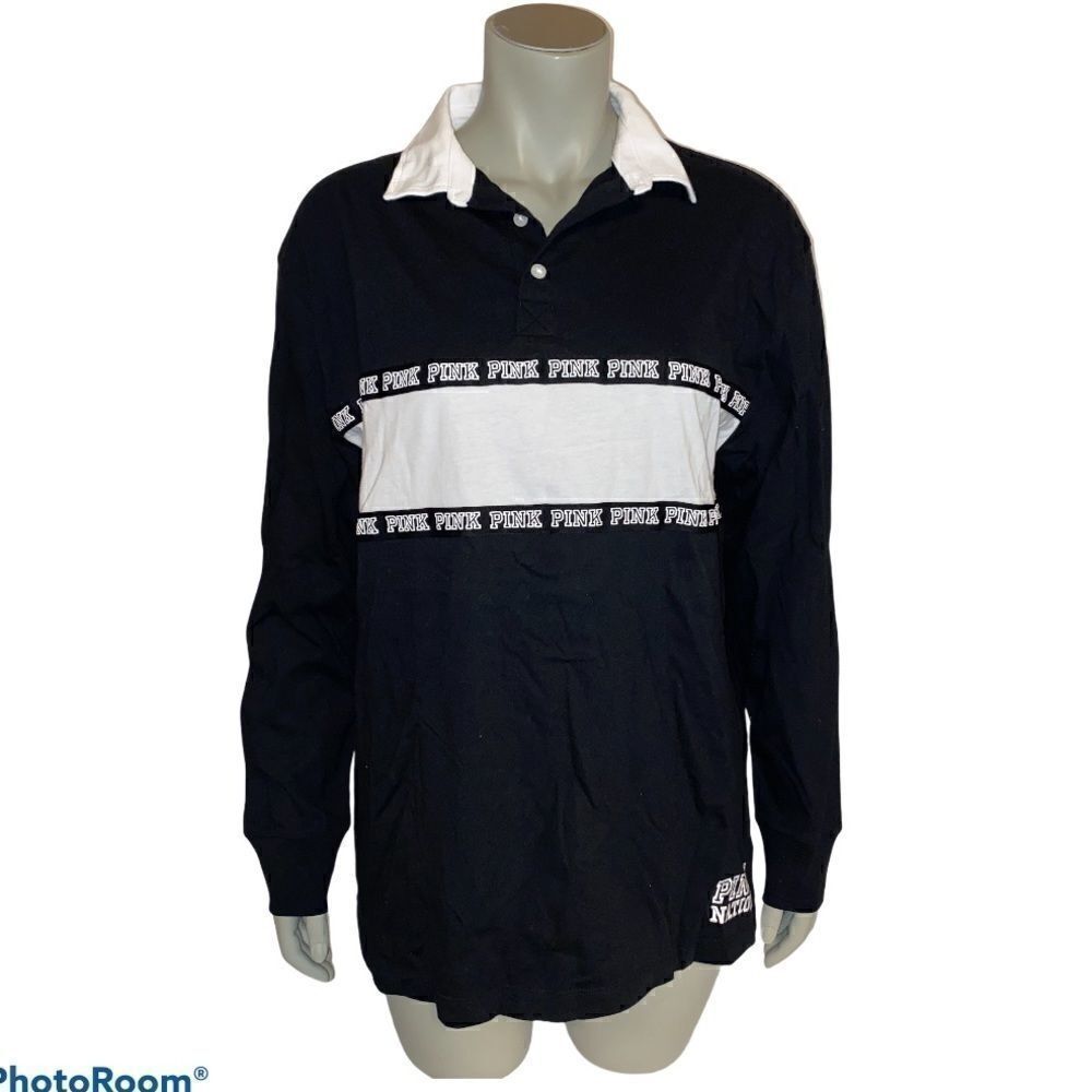 PINK Black White Logo Rugby Polo Campus Shirt NWT